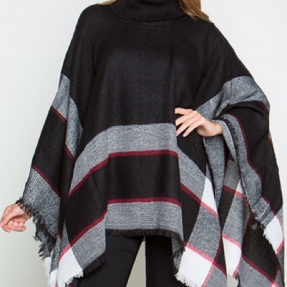 Turtleneck Plaid Poncho - Picture 2 of 7